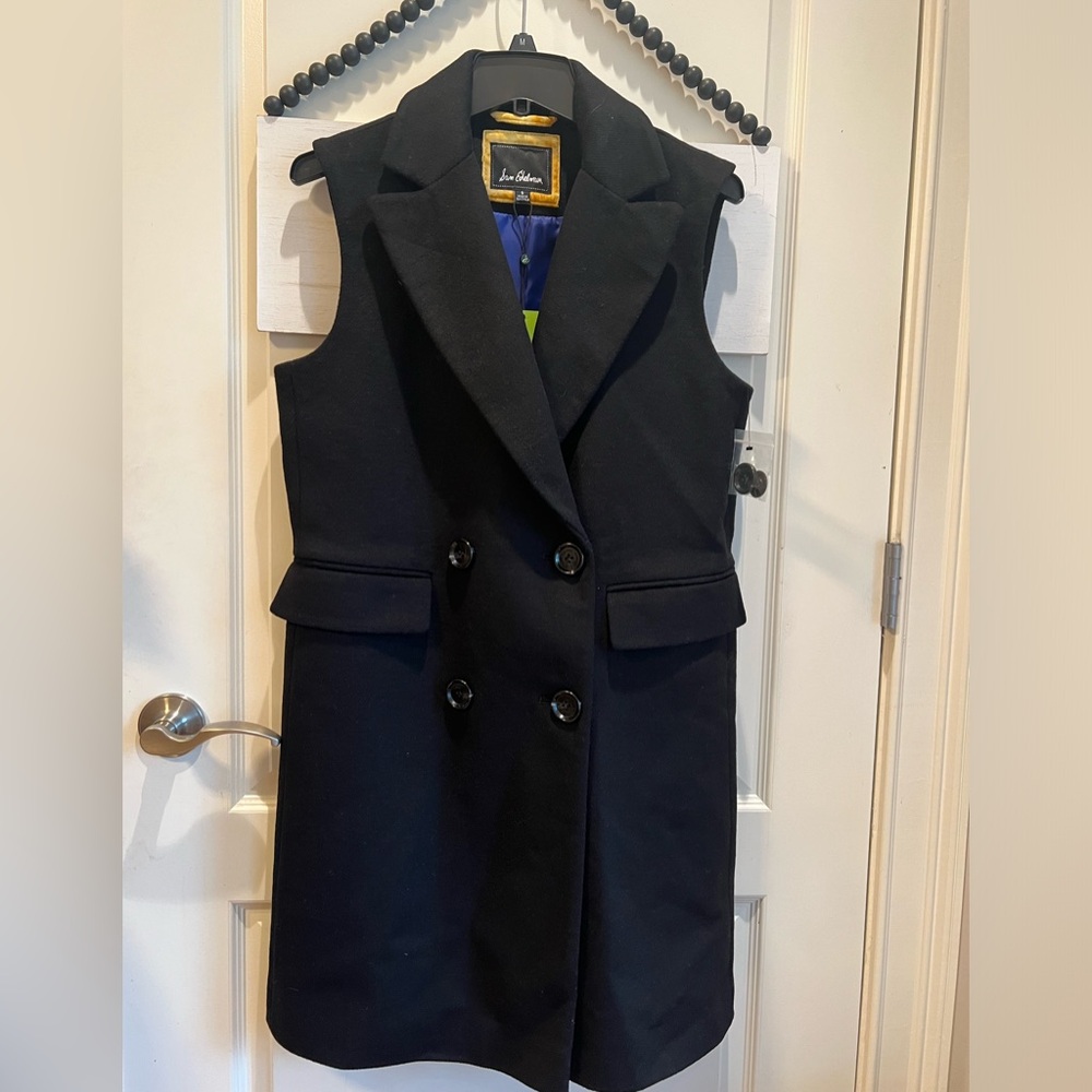 SAM EDELMAN Black Duster Double Breasted Jacket Vest Violet Lining Small 6 NWT